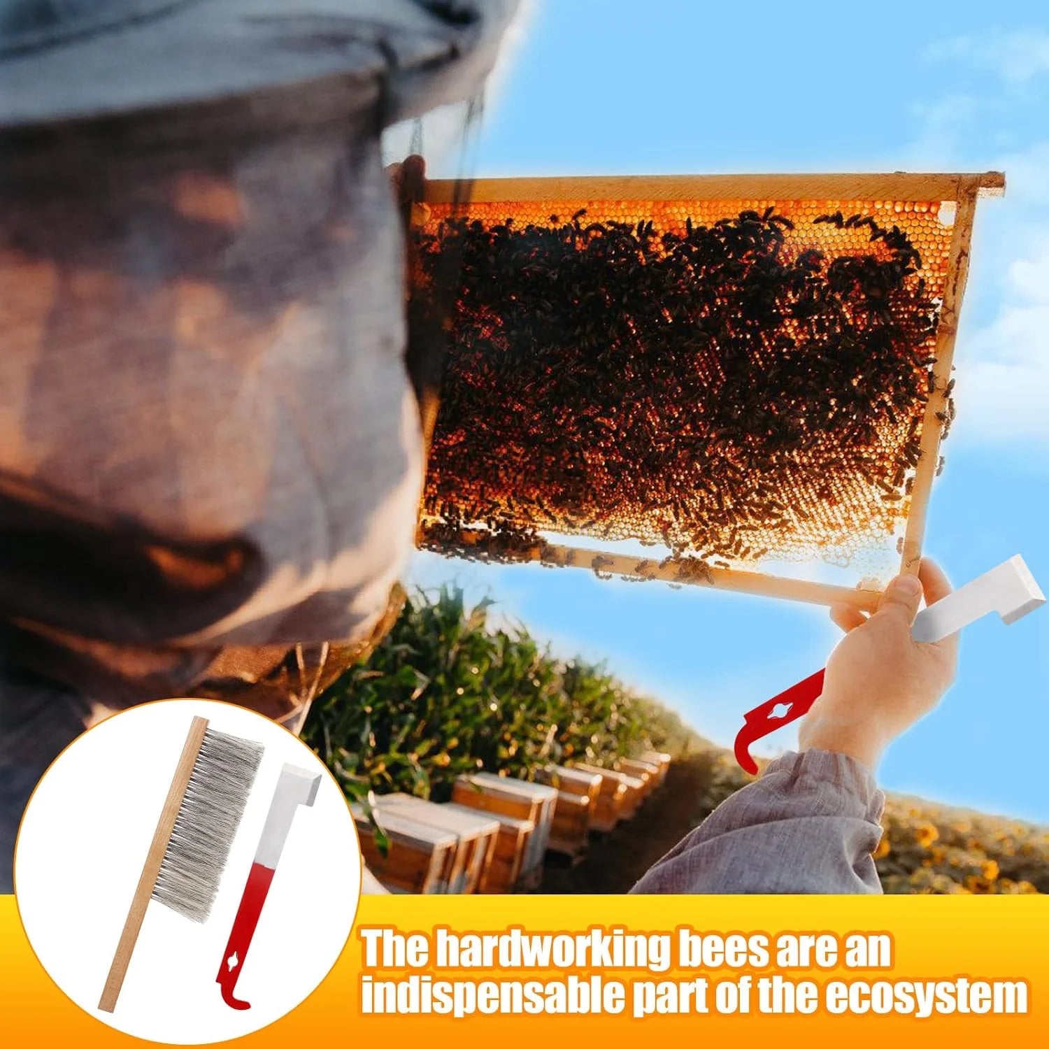 Hive Tool & Bee Brush Set – Stainless Steel J-Hook